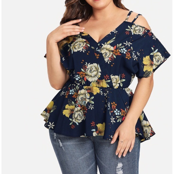 ➕Floral Cold Shoulder Peplum Top - Picture 5 of 6